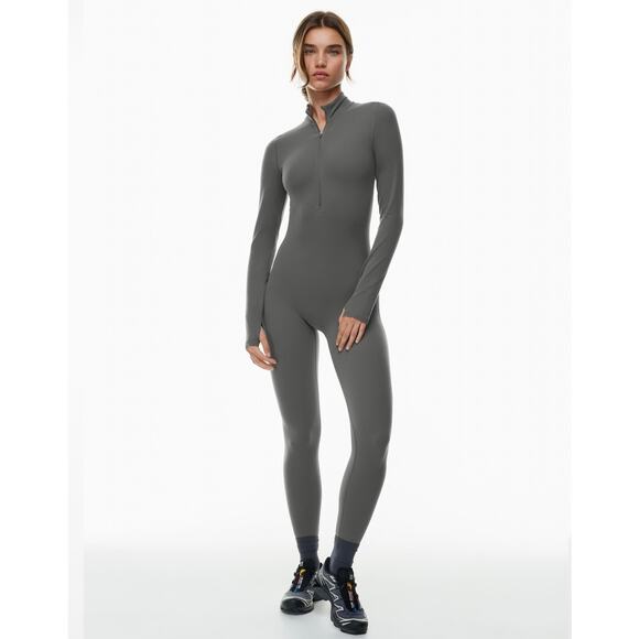 Aritzia TnAction Butter Zippered Long Sleeve Jumpsuit Pockets Gray Small - Picture 1 of 8